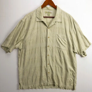 Tommy Bahama Silk Camp Shirt Mens XL Cream Palm Jacquard Hawaiian Resort